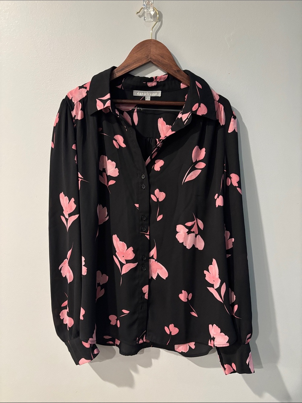 Daniel Rainn Black Blouse with Pink Floral Print